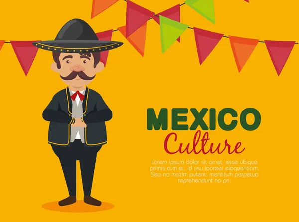 Μεξικάνικη mariachi άνθρωπος με καπέλο και κοστούμι για εκδήλωση — Διανυσματικό Αρχείο