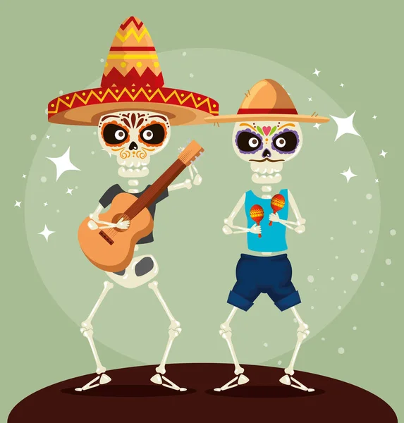 Squelettes hommes avec guitare et maracas à la célébration de l'événement — Image vectorielle