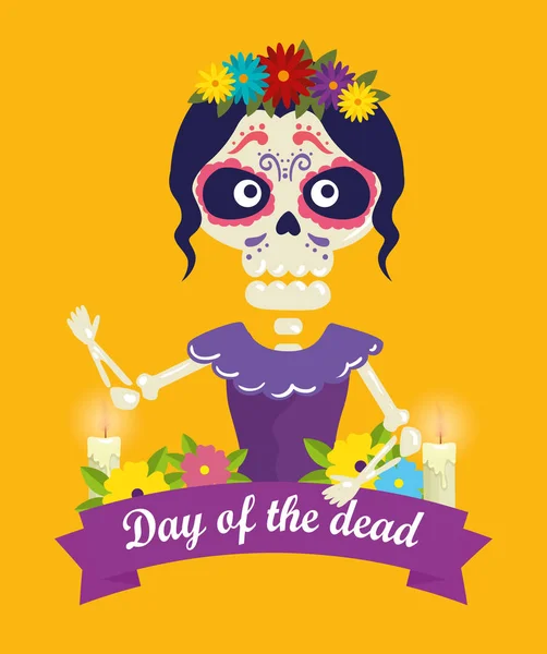 Catrina con decorazione del cranio e fiori al giorno dell'evento morto — Vettoriale Stock