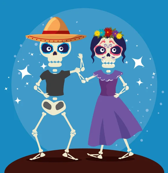 Skeleton man dancing with catrina to day of the dead celebration — Stock Vector