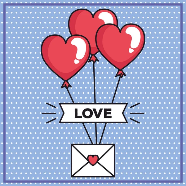 Biglietto di San Valentino con busta ed elio palloncini a forma di cuore — Vettoriale Stock