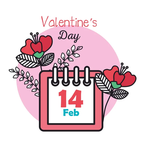 Tarjeta de día de San Valentín con calendario y flores — Vector de stock