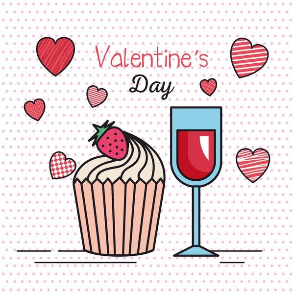 Sevgililer günü kartı kalpleri ve bardak şarap ile — Stok Vektör