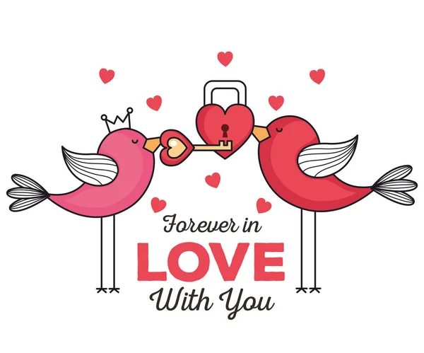 Valentines day card with birds and padlock — Stock Vector