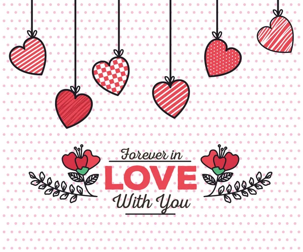 Valentines day card with hearts hanging — Stock Vector