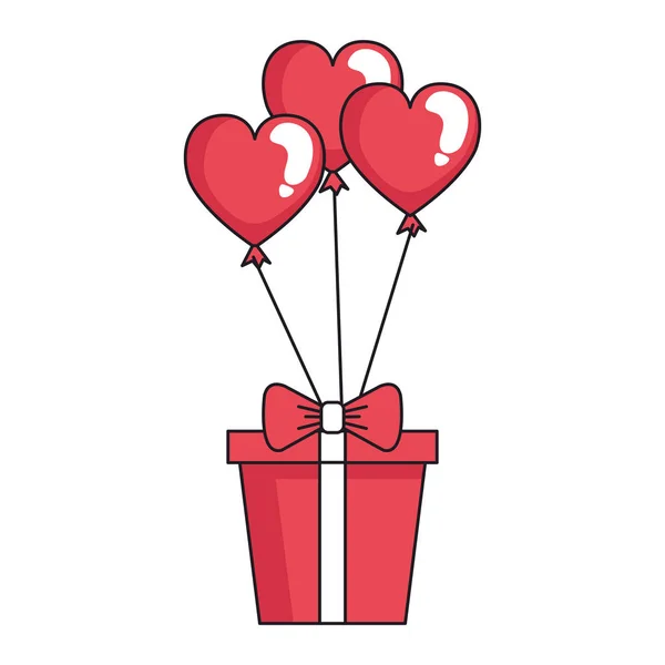 Caja de regalo con globos de fiesta en forma de corazón — Vector de stock