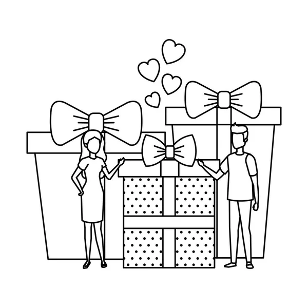 Amoureux couple avec des cœurs flottant et cadeaux — Image vectorielle