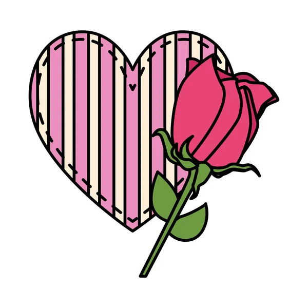 Coeur amour avec des rayures et rose carte de Saint-Valentin — Image vectorielle