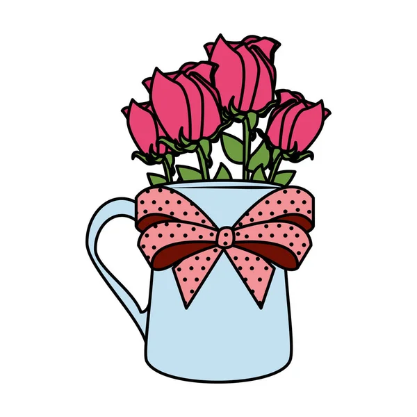 Taza de café con flores de corazón y rosas — Vector de stock