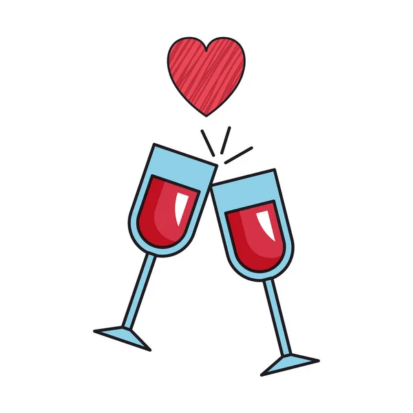 Copas de vino con corazón — Vector de stock