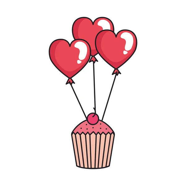 Ballons de fête en forme de coeur avec cupcake — Image vectorielle