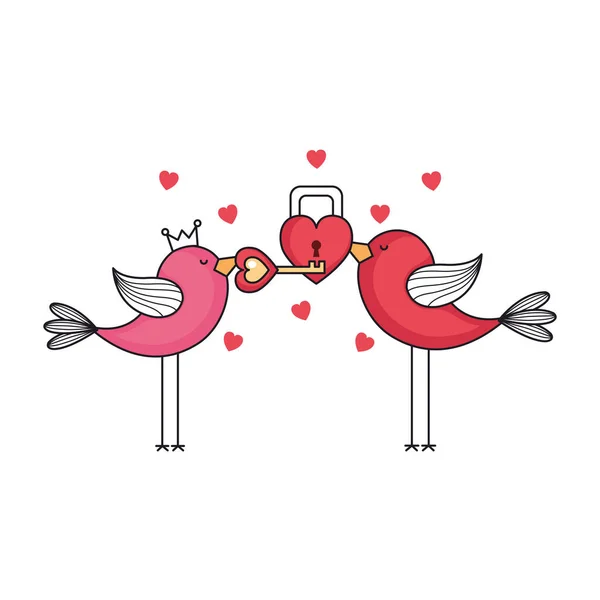 Love card con simpatici uccelli coppia e lucchetto — Vettoriale Stock