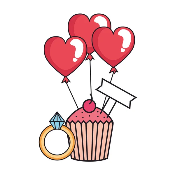 Heart shaped party balloons with cupcake — Stock Vector