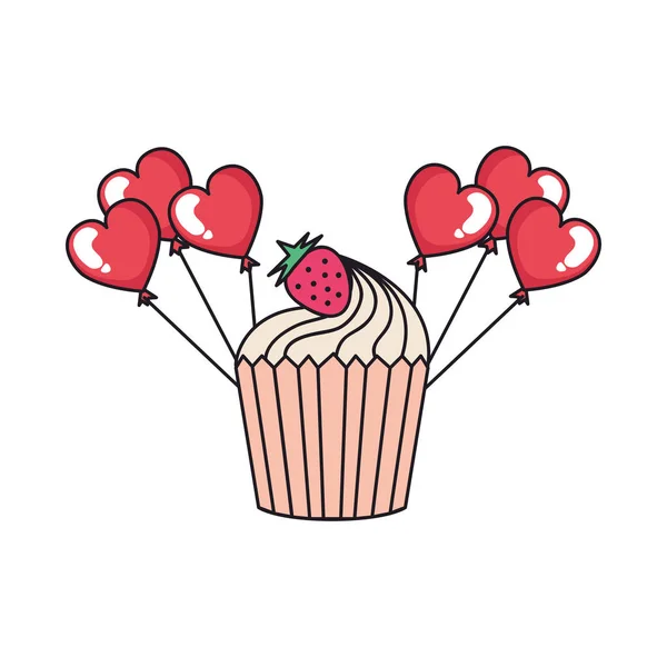 Globos de fiesta en forma de corazón con cupcake — Vector de stock