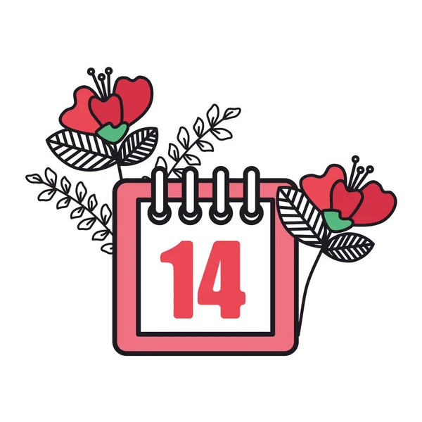 14 Sevgililer günü ve çiçekler ile takvim — Stok Vektör