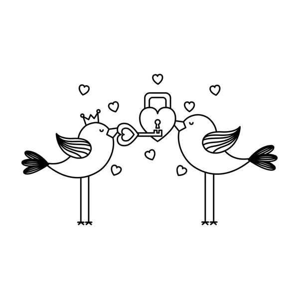 Любовна листівка з милою парою птахів і замок — стоковий вектор