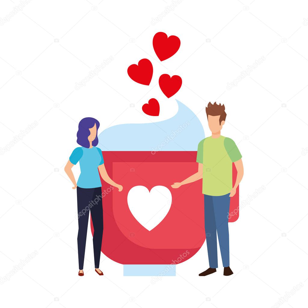 lovers couple with hearts floating and coffee cup