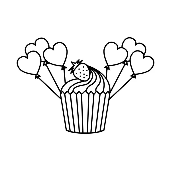 Balões de festa em forma de coração com cupcake — Vetor de Stock