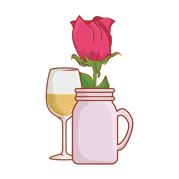Wijn cups met roos in pot — Stockvector