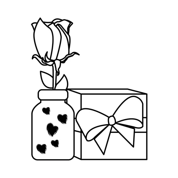Κουτί δώρου με βάζο κτιστών και τριαντάφυλλο — Διανυσματικό Αρχείο