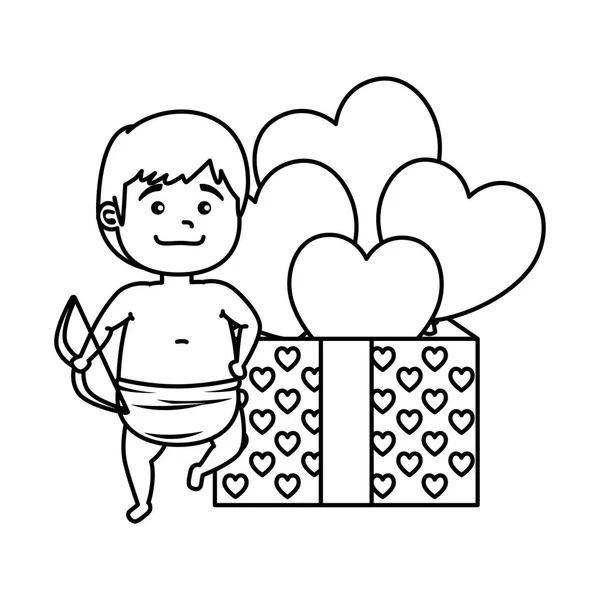 Cupido con caja regalo presente y corazones — Archivo Imágenes Vectoriales