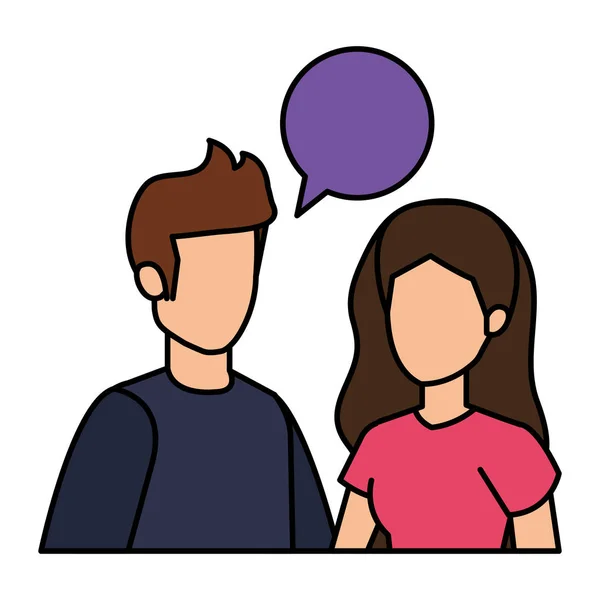 Νεαρό ζευγάρι με χαρακτήρες φούσκα ομιλία — Διανυσματικό Αρχείο