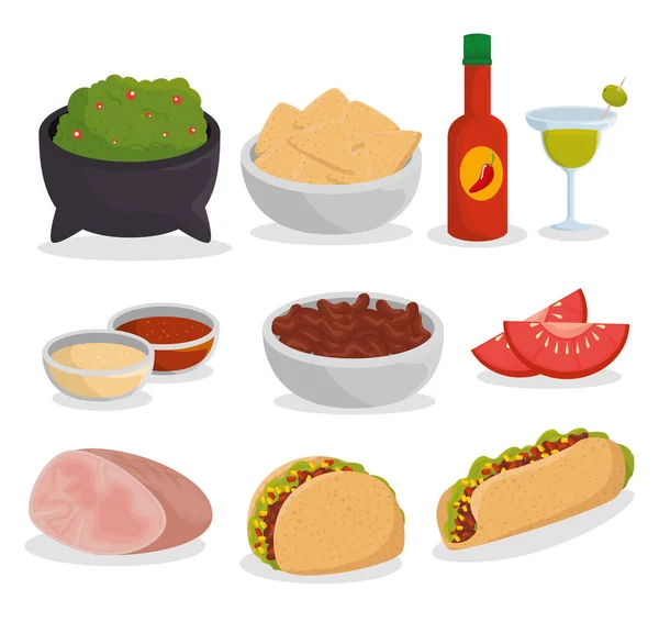 Σετ παραδοσιακό μεξικάνικο φαγητό στην εκδήλωση εορτασμού — Διανυσματικό Αρχείο