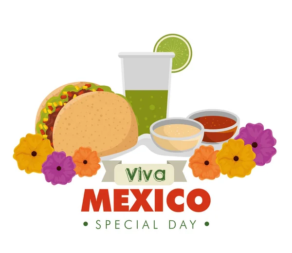Tacos avec verre de tequila et fleurs à l'événement — Image vectorielle