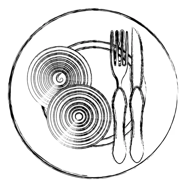Лук в тарелке с вилкой и ножом — стоковый вектор