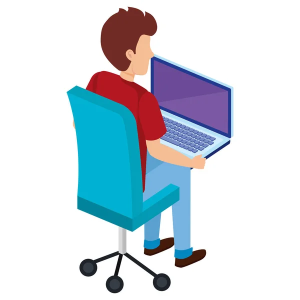 Jeune homme avec ordinateur portable dans la chaise de bureau — Image vectorielle