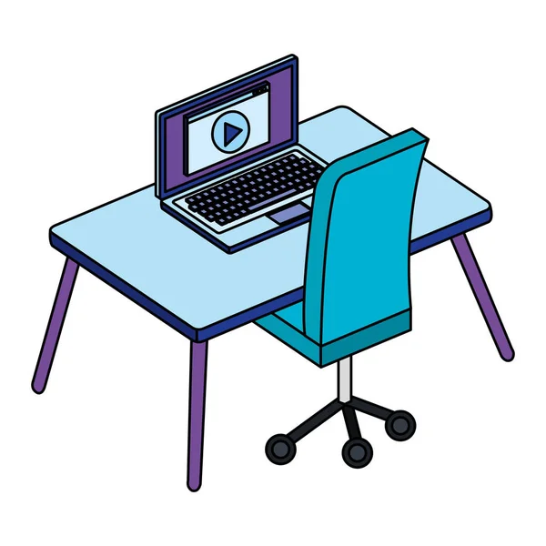 Lieu de travail avec bureau et ordinateur portable scène — Image vectorielle