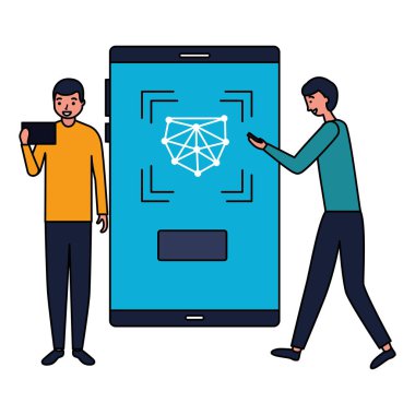 iki erkekle birlikte mobil tarama dijital yüz