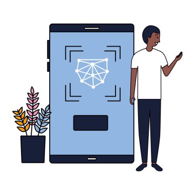 Mobil biyometrik yüz tarama kullanan adam