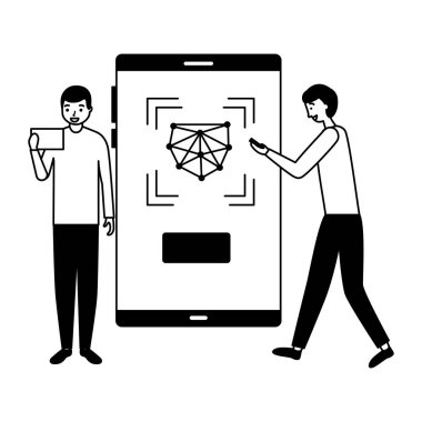 iki erkekle birlikte mobil tarama dijital yüz