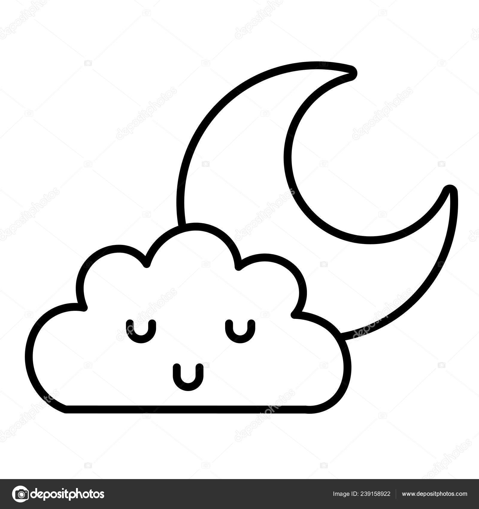 Kawaii Crescent Moon And Cloud Line Art - Desenhos Kawaii Para