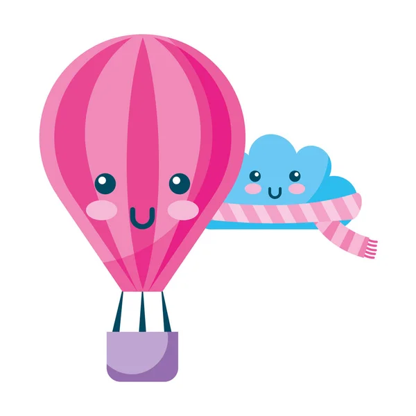 Kawaii wolk met sjaal en hete lucht ballon cartoon — Stockvector