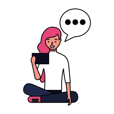 kadın telefon konuşma balonu kullanarak oturan