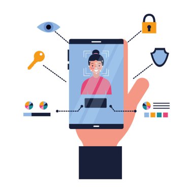 cep telefonu yüz tarama biyometrik teknoloji vektör çizim ile el