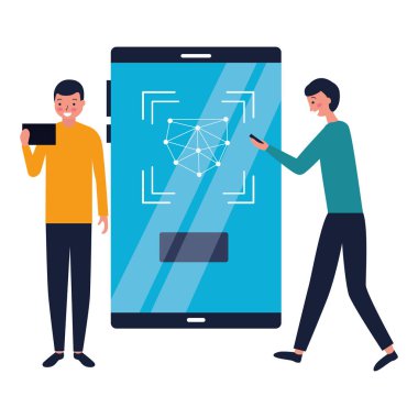 iki erkekle birlikte mobil tarama dijital yüz