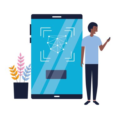 Mobil biyometrik yüz tarama kullanan adam