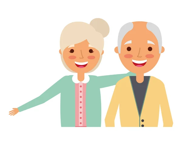 Bejaarde echtpaar omarmen tekens witte achtergrond — Stockvector