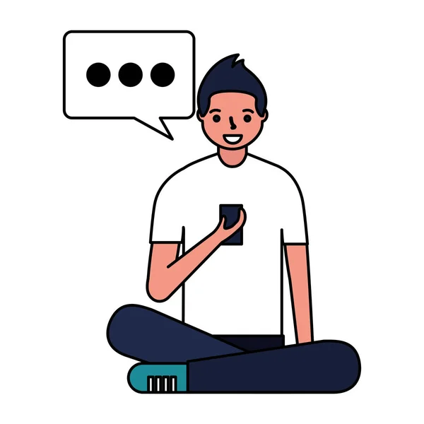 Mann sitzt mit mobiler Sprechblase — Stockvektor