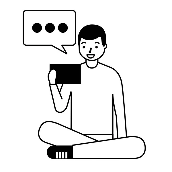 Homem sentado usando bolha de fala móvel — Vetor de Stock