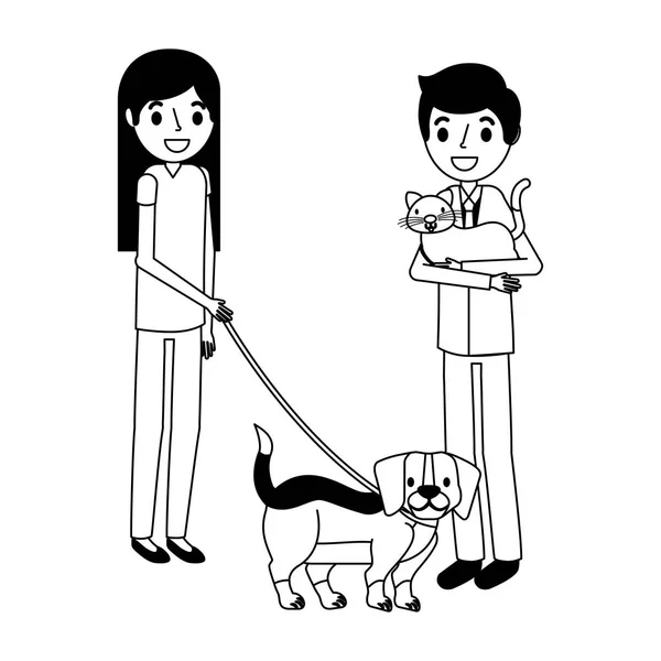 Hombre con gato y chica sosteniendo perro — Archivo Imágenes Vectoriales