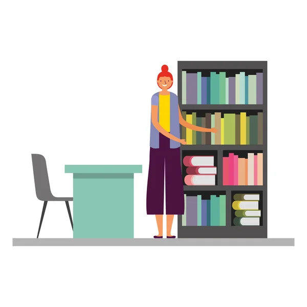 Femme avec bureau et chaise bibliothèque — Image vectorielle