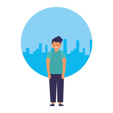 young boy standing with city background