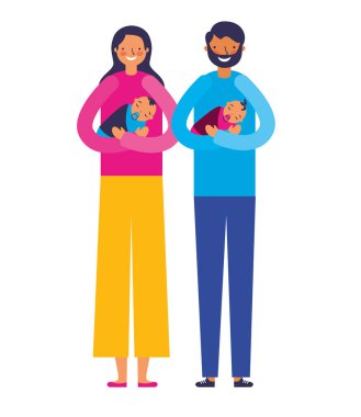 bebeklerini oğlu ve kızını taşıyan ebeveynler