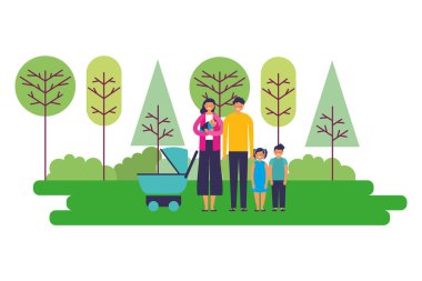 Ebeveynler ve çocuklar ile bebek arabası