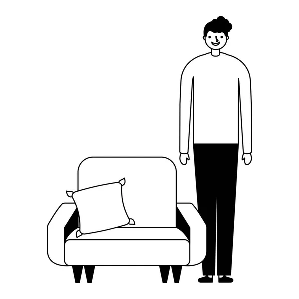Άνθρωπος στέκεται κοντά στον καναπέ με μαξιλάρι — Διανυσματικό Αρχείο