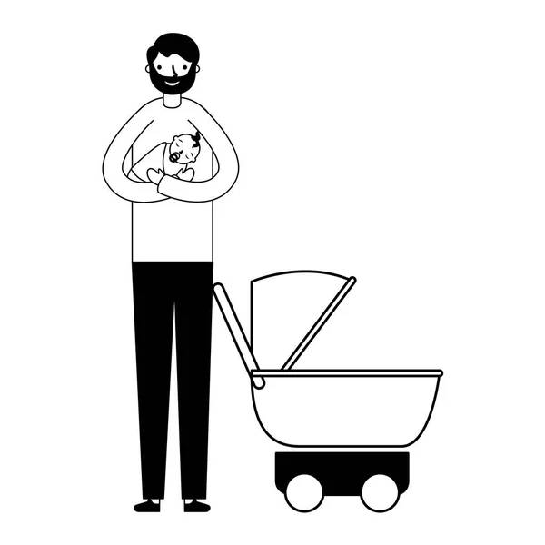 Onun bebek kız ve bebek arabası taşıyan baba — Stok Vektör